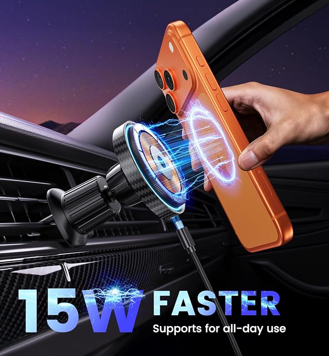 Magnetic Car Charger Mount 15W for iPhone 17-12 Pro Max | N52 Strong Magnets, 360° Rotation, Dashboard & Vent Mount, Compatible with Magnetic Cases, Gift for Men, Black