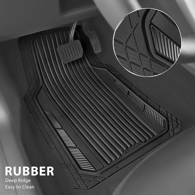 CAR PASS Heavy Duty Sporty Rubber Car Mats, Deep Dish All Weather Car Floor Mats Full Set, Waterproof Anti-Slip Automotive Matts Rugs Trim to Fit for Most Sedans SUVs Vans, All Black