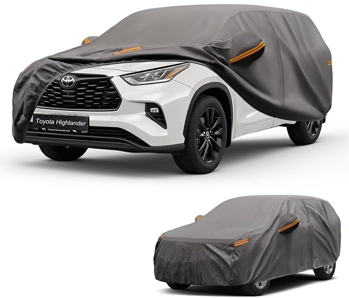 Kayme Heavy Duty SUV Car Cover Custom Fit for Toyota Highlander 2014-2026, Waterproof All Weather Outdoor Full Protection, UV Sun Rain Resistant with Zipper Door & Windproof Straps.
