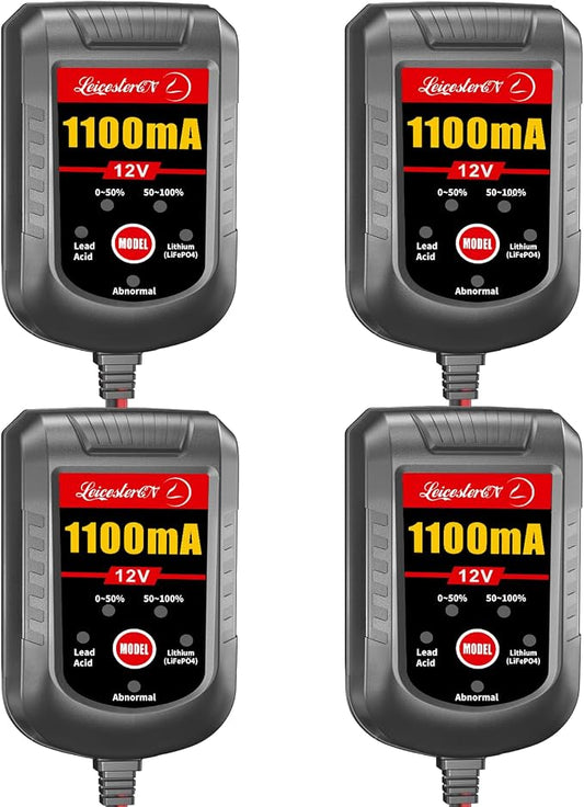 4 Pack Motorcycle Battery Charger 12V 1.1Amp, Smart Trickle Charger and Maintainer - Automatic Float Charger for Cruiser Sport Bike ATV Scooter Dirt Bike Lawn Mower, LiFePO4 Lead Acid AGM Gel
