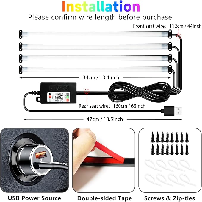 Car Led Interior Light Strip 13 Inch 72LEDs Under Dash Foot Well Soft Lighting RGB DIY 210 Modes Static/Chase/Gradient/Strobe/Music, Timer App Switch Control, USB 5V DC 12V, No Remote