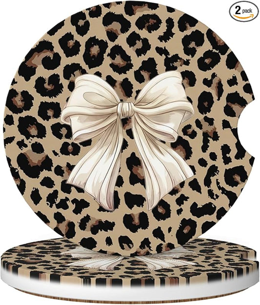 Absorbent Car Coasters for Cup Holders, 2 Pack Universal Anti Slip Ceramic Cup Coaster for Women Men 2.56 Inch Car Interior Accessories - Bow Tie Brown Leopard 007