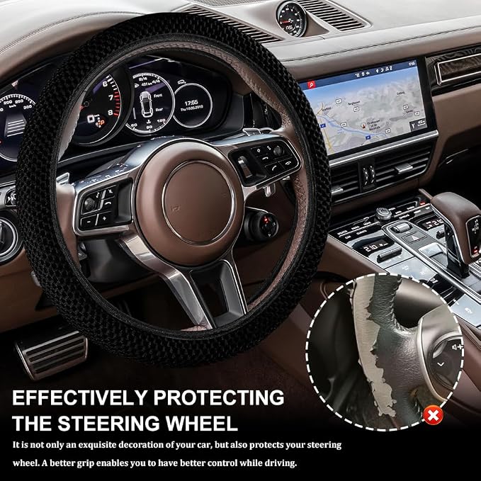 Breathable Elastic Steering Wheel Cover,15 Inch Stretch Steering Wheel Protector,Microfiber Ice Silk Anti-Slip Car Wheel Cover,Odorless Comfort Grip Interior Accessory for Cars SUV Truck（Black）