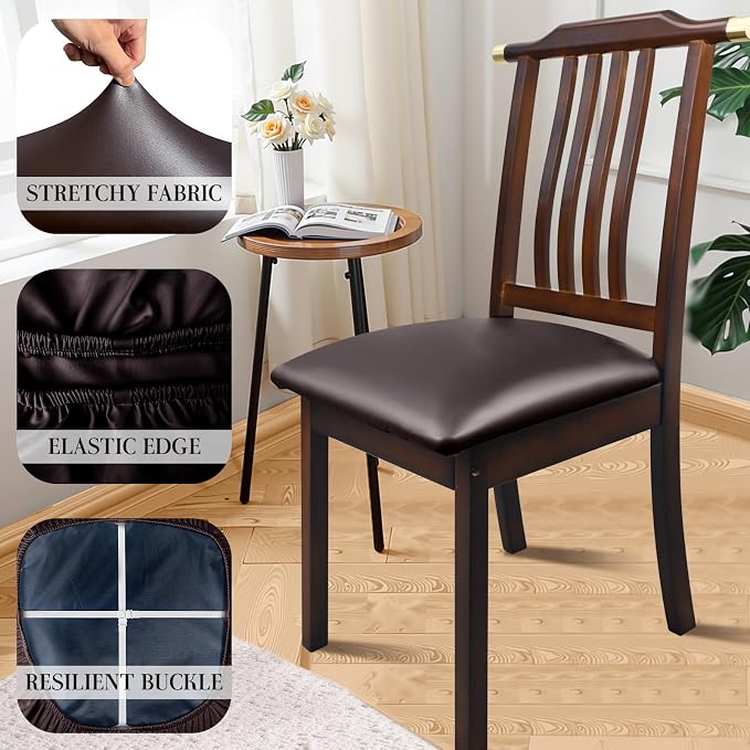 Pu Leather Dining Chair Seat Covers Set of 4, Waterproof Dining Seat Covers Stretch Chair Covers for Dining Chairs/Kitchen Room/Hotel, Odorless Seat Covers for Kitchen Chairs (Brown - 4 PCS)