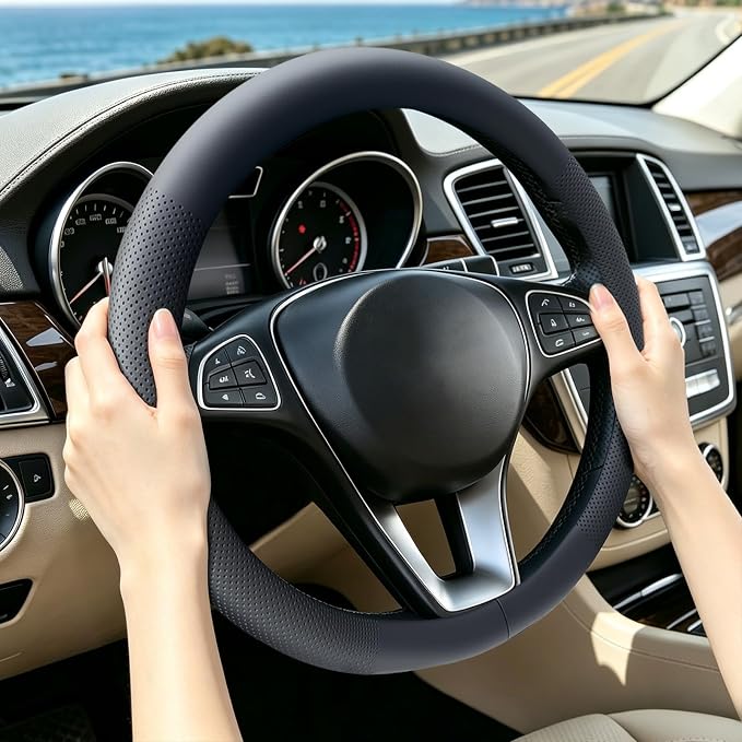 Premium Nappa Leather Steering Wheel Cover, Universal, Comfort Grip, Anti-Slip Breathable, Compatible with 14.5-15 in Steering Wheel Protector, Black