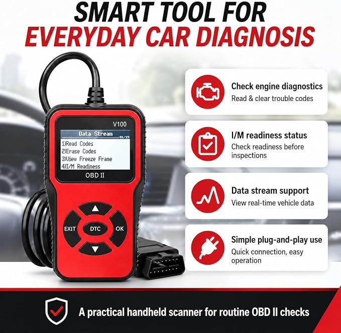 V100 OBD2 Diagnostic Diagnostic Tool Tool, Code Reader, Engine Light Diagnostic Tool, Battery Voltage Tester, for OBD2 Cars & Trucks Since 1996