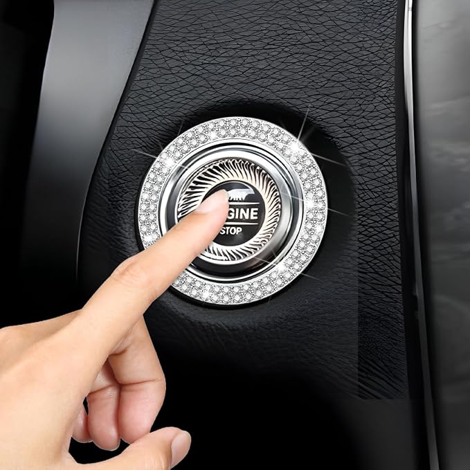 Bling Car Engine Start Ring Decals, 2PCS Sparkling Crystal Rhinestone Vehicle Push to Start Button Sticker, Diamond Auto Key Ignition Knob Decorative Ring, Universal for Vehicles (White)