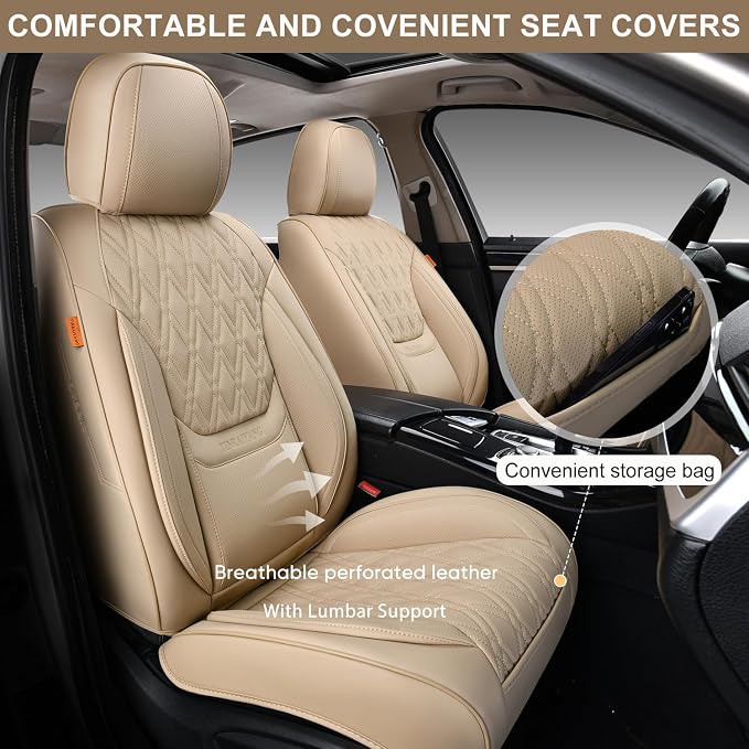 Car Seat Covers Full Set, Breathable Leather Automotive Front and Rear Seat Covers, Car Seat Protectors Full Set,Universal Automotive Vehicle Seat Cover for Most Sedan SUV Pick-up Trucks, Beige