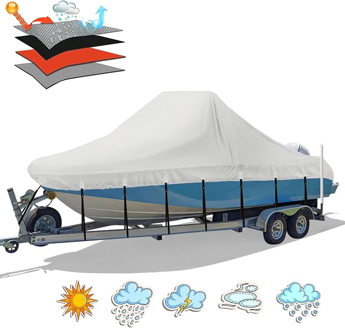 Solim Center Console Boat Cover, 20'-22' Waterproof 1300D PU Heavy Duty Marine Grade Boat Cover for Center Console Boat, Trailerable UV Resistant Oxford Polyester Canvas with 18 Tie Down Straps, Gray