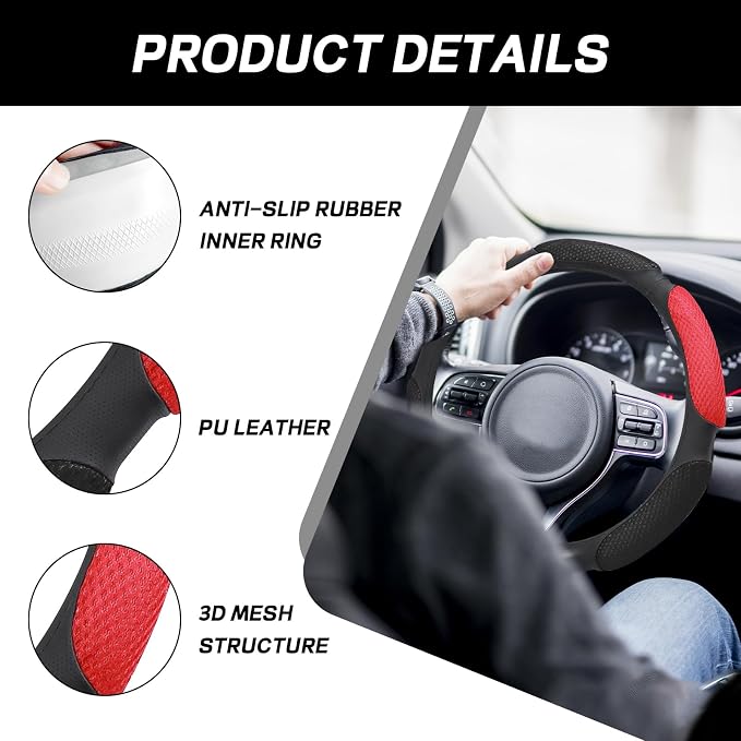 Wuyaoyao Car Steering Wheel Cover, 15 Inch PU Leather Anti-Slip Steering Wheel Covers Protector with Soft Hand Pad Cushion, Breathable & Comfortable, Universal Interior Car Accessories (Black+Red)