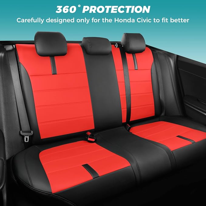 Seat Covers for Honda Civic Sedan LX 2016 2017 2018 2019 2020 2021, Faux Leather Car Seats Cover Full Set Waterproof, Black Red (Solid Rear Seatback - No Rear Armrest)
