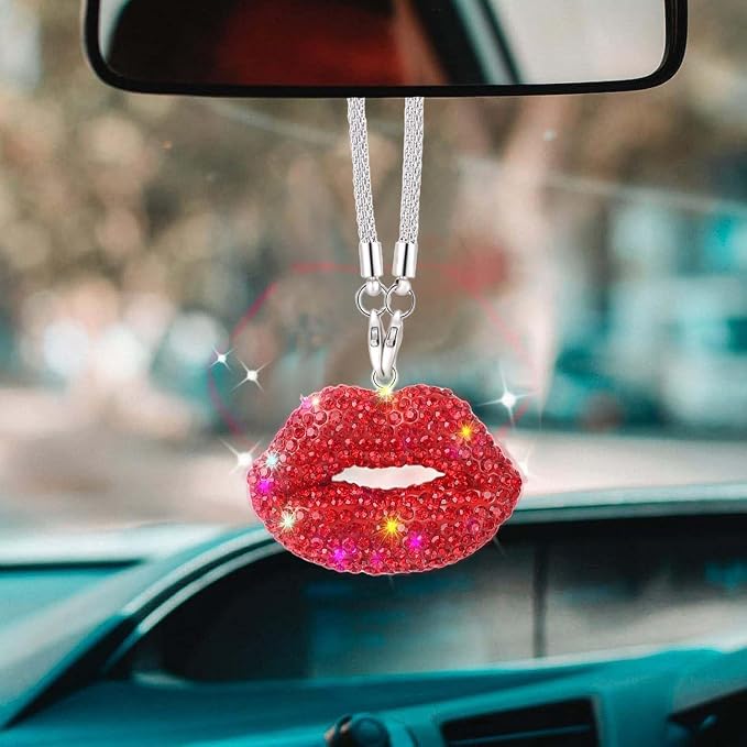 Bling Lip Diamond Car Accessories for Women, Crystal Rear View Mirror Accessories,for Family and Lover,Car Decoration, Valentine's Gift, Lucky Hanging Interior Ornament (Red)