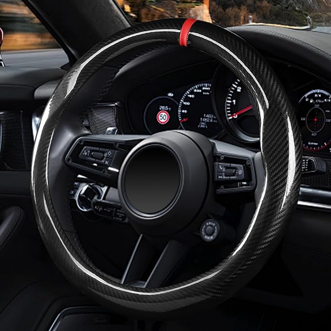 Labbyway Carbon Fiber Steering Wheel Cover, Universal 15 inch, Breathable, Anti-Slip, Warm in Winter and Cool in Summer, Black
