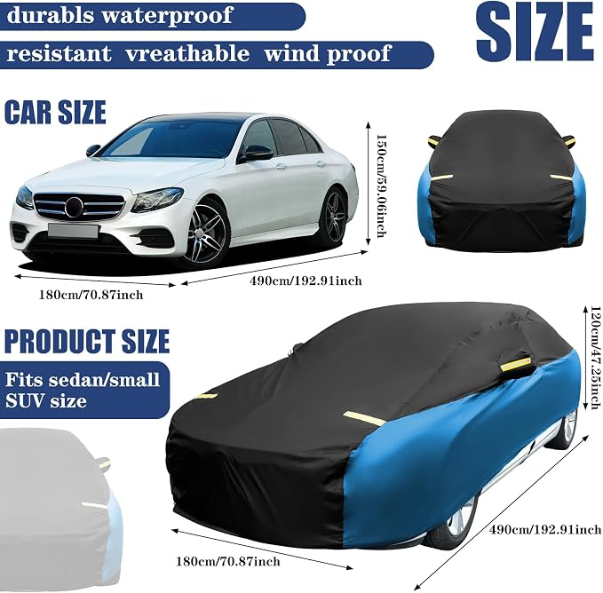 Riakrum Full Car Cover Waterproof All Weather for Automobiles Windproof Cover Rain UV Protection Sun Scratch Resistant Outdoor Universal(Fit Sedan Length/Small SUV (185-193") 59'' H,Black, Blue)