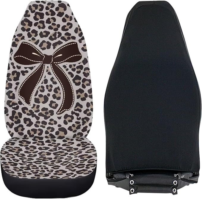 Bow Front Car Seat Cover Set of 2 Leopard Print Car Seat Covers for Front Seats Auto Interior Accessories Anti-Slip Back Fabric for Cars Sedans and SUVs