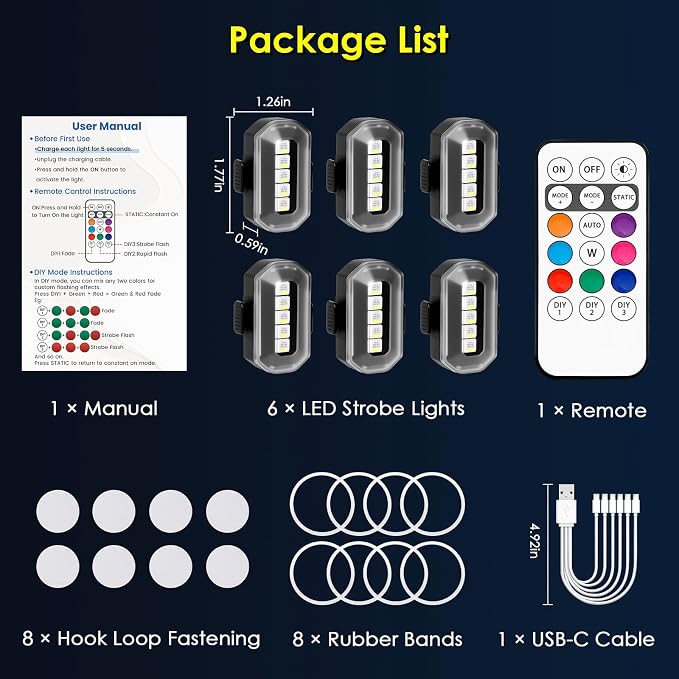 Upgraded 6PCS Wireless Strobe Lights for Car Motorcycle Bike Remote Bright 5 LEDs Anti Collision Lighting USB-C Rechargeable RGB Mini Exterior Warning Flashing Interior Ambient Light IP67 Waterproof