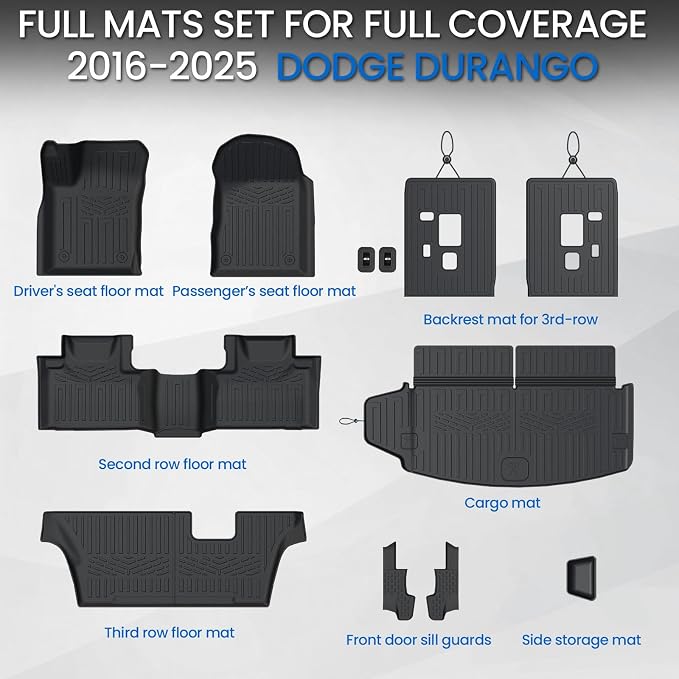 Floor Mats Set for 2016-2026 Dodge Durango (Only for 7 Seats with Bench Seats), All Weather TPE Backrest Mat Trunk Mat Cargo Liner Door Sill Guards Accessories