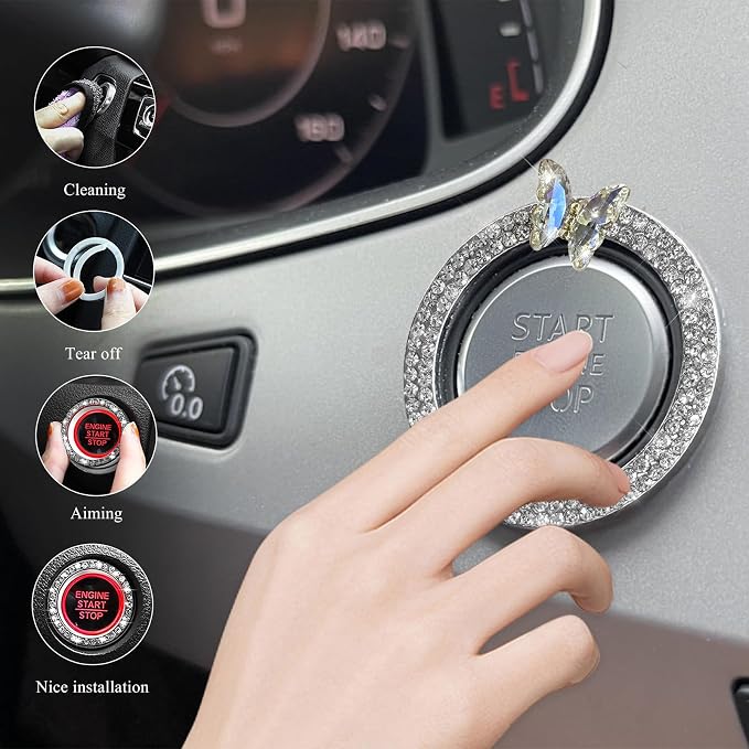 DXNQ Bling Ring Emblem, Sparkling Butterfly Car Buttons and Knobs Ring, Girly Butterfly Diamond Car Engine Start Button Cover, Key Ignition Knob Rings Decoration for Women (White, Double Row)