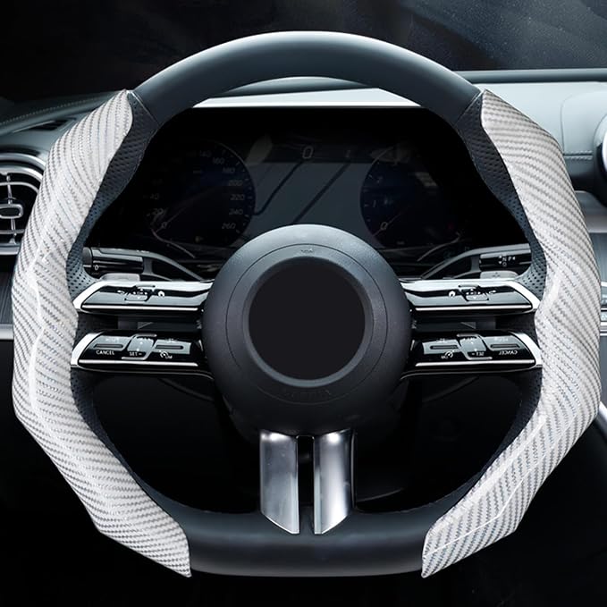 Carbon Fiber Steering Wheel Cover 2PCS Segmented Clip-on Protector (White) | Universal Fit, Anti-Slip Lining, Sporty Style, Car Interior Accessory for Men and Women