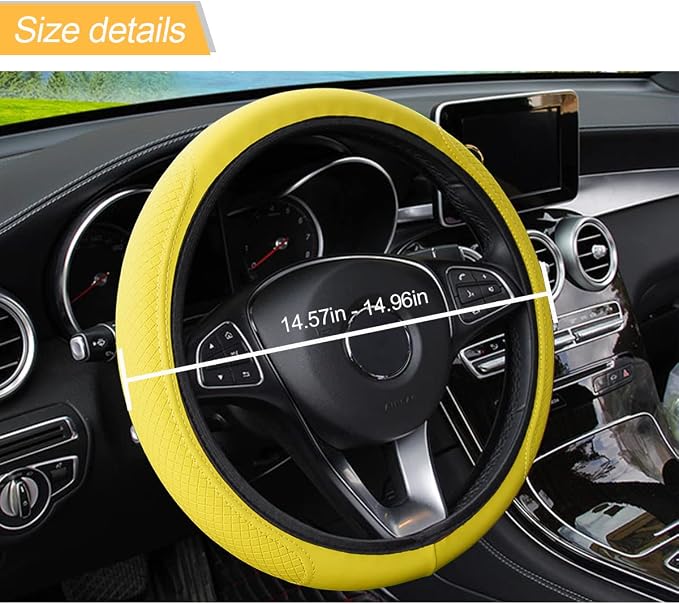 LoyaForba Leather Car Steering Wheel Cover, Elastic Breathable Anti-Slip Steering Wheel Protector, Car Interior Accessories for Men Women, Universal 15 Inch for Most Cars (Yellow)