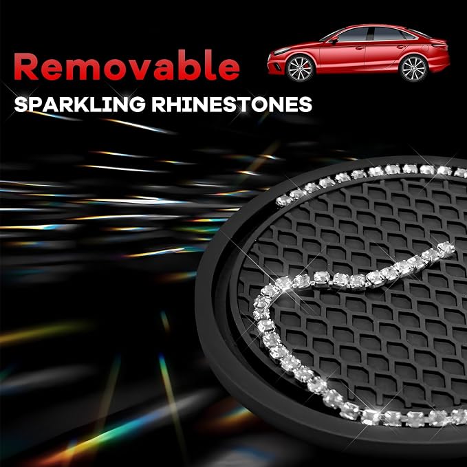2PCS Bling Car Cup Coaster, 2.69 Inch Anti-Slip Auto Cup Holder Drink Mat w/Crystal Rhinestones, Universal Shiny Diamond Vehicle Insert Coasters Cups Mats for Women (Black & White)