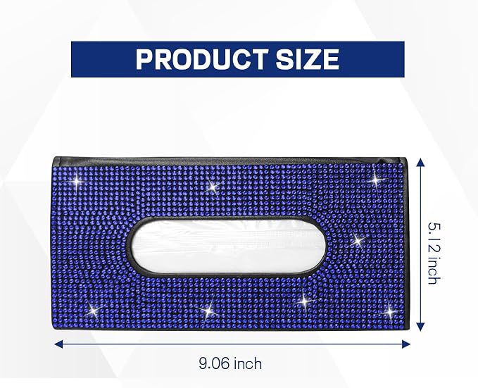 Bling Car Tissue Holder for Sun Visor, Crystal Rhinestone Visor Tissue Box, Leather Vehicle Paper Towel Case, Sparkling Auto Napkin Holder for Women, Car Accessories Decoration (Blue)