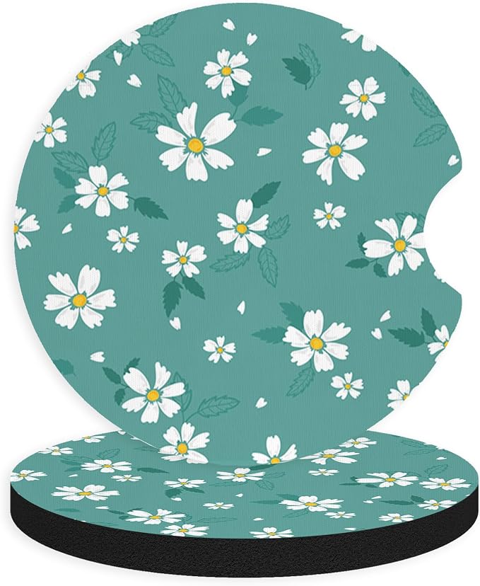 2pcs Cute Blue Flowers Car Coasters,Absorbent Universal neoprener Cup Holder Coasters with a Finger Notch,Car Accessories for Women&Man Interior，2.75" 2