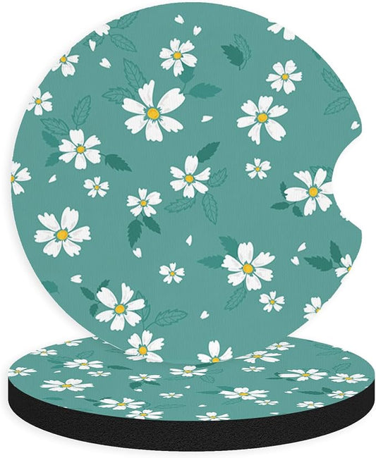 2pcs Cute Blue Flowers Car Coasters,Absorbent Universal neoprener Cup Holder Coasters with a Finger Notch,Car Accessories for Women&Man Interior，2.75" 2