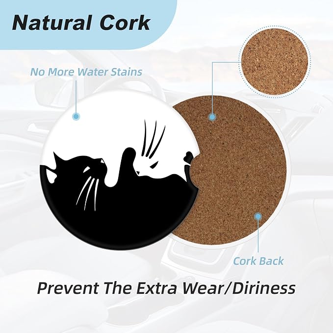 White and Black Cat Car Coasters for Cup Holders,2 Pack Car Cup Holder Coasters for Car,Ceramic Absorbent Car Coaster with A Finger Notch and Cork Base,Car Interior Accessories for Women Men
