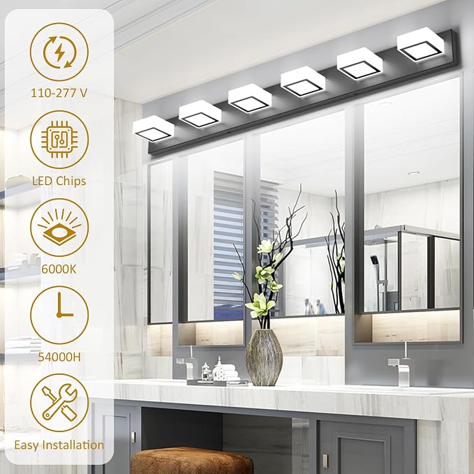 Ralbay Black Bathroom Vanity Lights 48inch Metal Acrylic LED Modern Bathroom Wall Lighting Fixtures Matte Black (White Light 6000K, Non-dimmable)