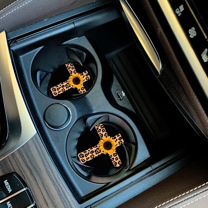 Car Coasters 2 Pack, Small 2.56" Absorbent Ceramic Coaster for Car, Keep Cup Holders Clean and Dry, Auto Coasters Set for Women Men Cup Holder, Leopard Print Cross with Sunflower Style Car Coasters