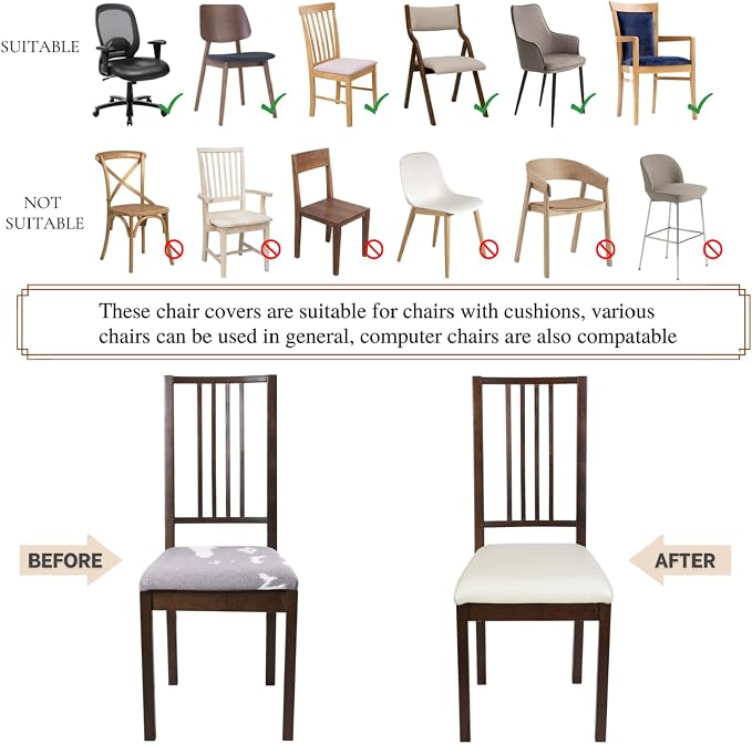 SearchI Waterproof PU Leather Seat Covers for Dining Chairs, 4 Pack Stretch Dining Room Chair Seat Covers, Kitchen Chair Seat Covers Protectors (Cream)