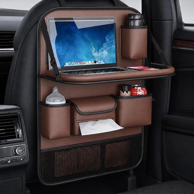 TENLBYC Car Seat Organizers,Multi-functional Back Seat Protectors, Storage Pouches, and Tray Holders (for Cars, Kids, Seat Back and Rear Seats)（Brown1 Pcs）