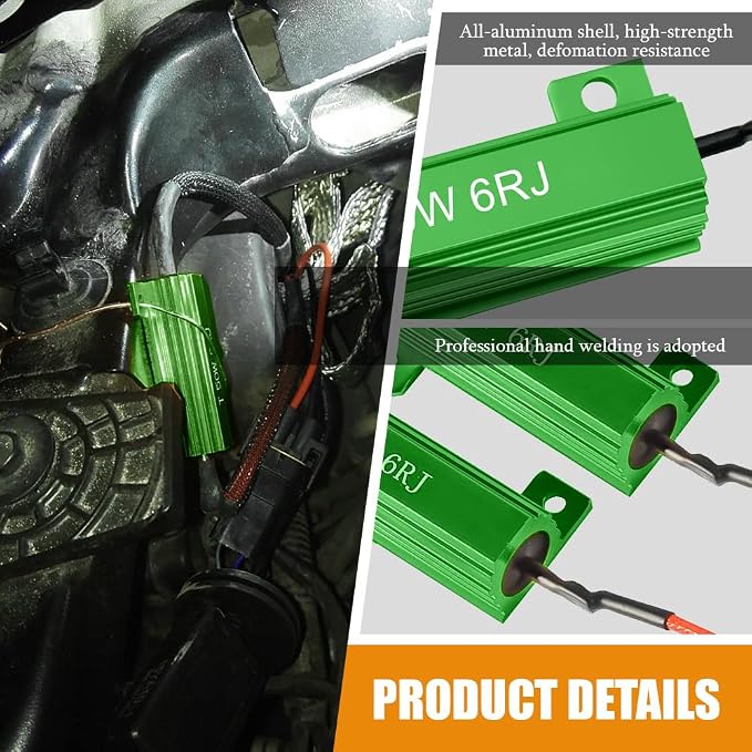 4PCS Load Resistors, 50W 6Ohm Car Resistors, LED Turn Signal Resistor Flasher Adaptor, Aluminum Case Resistor for Fix LED Bulb Fast Hyper Flash Turn Signal Blink Error Code (Green 6RJ, 4PCS)