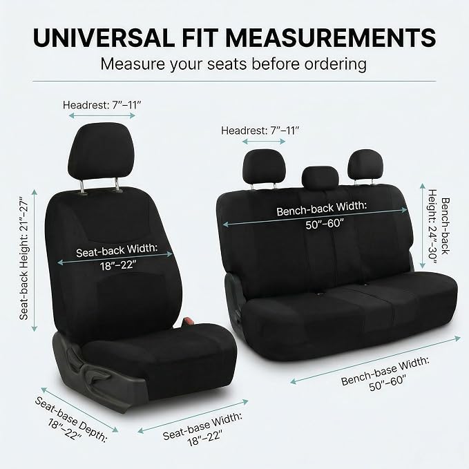 FH Group Universal Automotive Seat Covers 8 Seater Set | Light & Breezy Flat Cloth Washable Car Seat Cover for SUV, Sedan, Truck | Airbag Compatible Interior Upgrade - Black