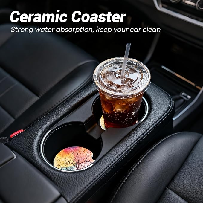 2 Pack Ceramic Car Coasters for Cup Holder, 2.56 in Anti Slip Absorbent Coaster with Cork Base and Finger Notch, Funny Cute Car Accessories for Women, Colorful Tree