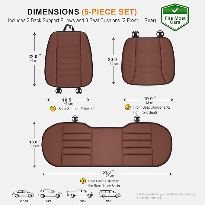 kingphenix 5-Piece Car Seat Cushion Set with Back Support | Full Back Support Pillow and Seat Cushion for Long Driving, Road Trips, Truck, Van, SUV, Brown