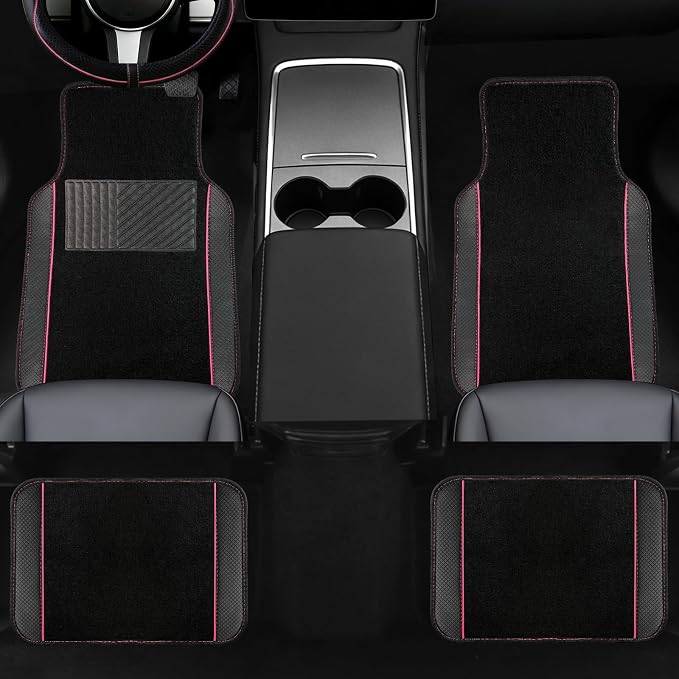 NBTEPEM Microfiber Steering Wheel Cover and Waterproof Car Floor Mats, Universal Fit Most Truck, SUV, Cars, 14.5-15inch Sporty Steering Wheel Covers with Anti-Slip Lining (Black with Pink line)