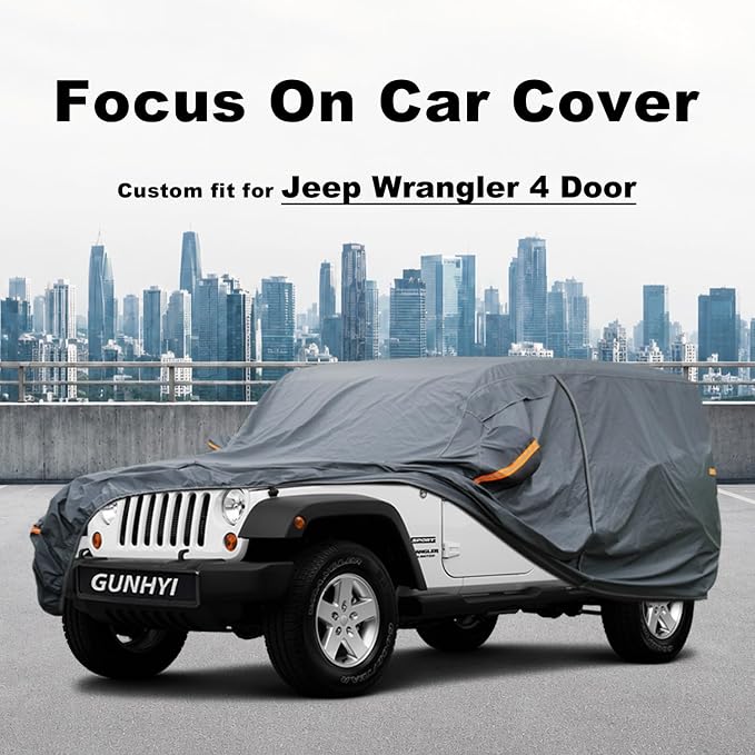 GUNHYI Premium Car Cover Custom Fit Jeep Wrangler 4 Door, 16 Layers Heavy Duty Car Cover Waterproof All Weather with Zipper Door for Sun Rain Snow Dust Uv Protection