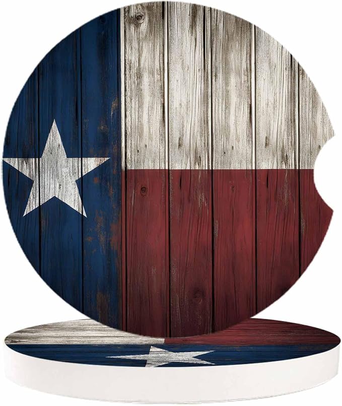 Small Car Coasters for Cup Holders 2.65" Absorbent 6 Pack Car Coaster Ceramic Stone for Drinks Absorb Water Drops State Flag Vintage Wood Grain