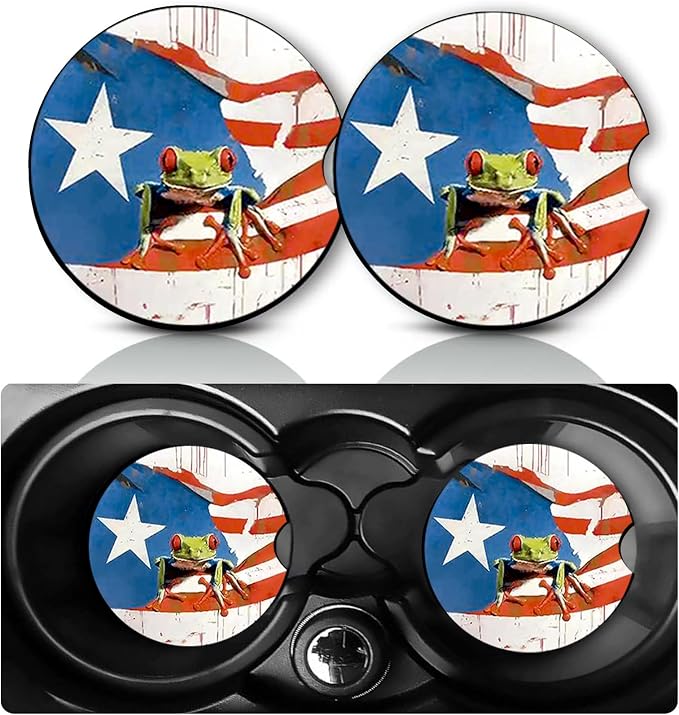 2 Pack Puerto Rico Flag Frog Car Cup Holder Coasters Neoprene Anti Slip Mat | Puerto Rico Car Accessories Interior Decor 2.75" Universal Size Insert Auto Coasters Frog Gifts for Women Men