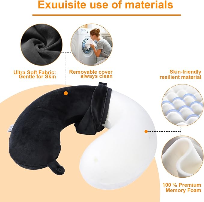 Travel Pillow,100% Pure Memory Foam U Shaped Neck Pillow,Super Lightweight Portable Headrest Great for Airplane, Car,Home,Office,Sleeping Rest (Black)