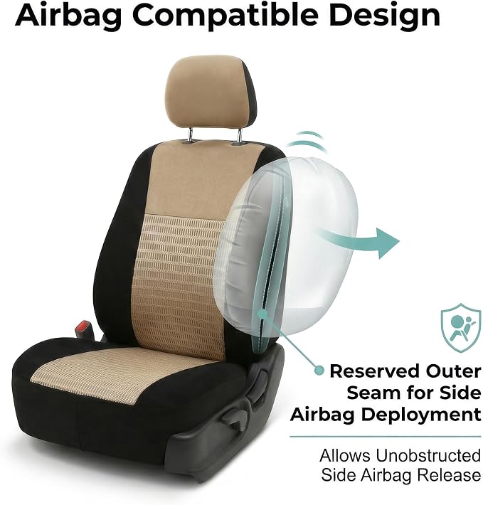 FH Group Universal Car Seat Covers Front Set for SUV Truck Sedan Vans | 3D Textured Breathable Fabric Seat Cover Set Protector with Airbag Compatible Interior Upgrade - Beige