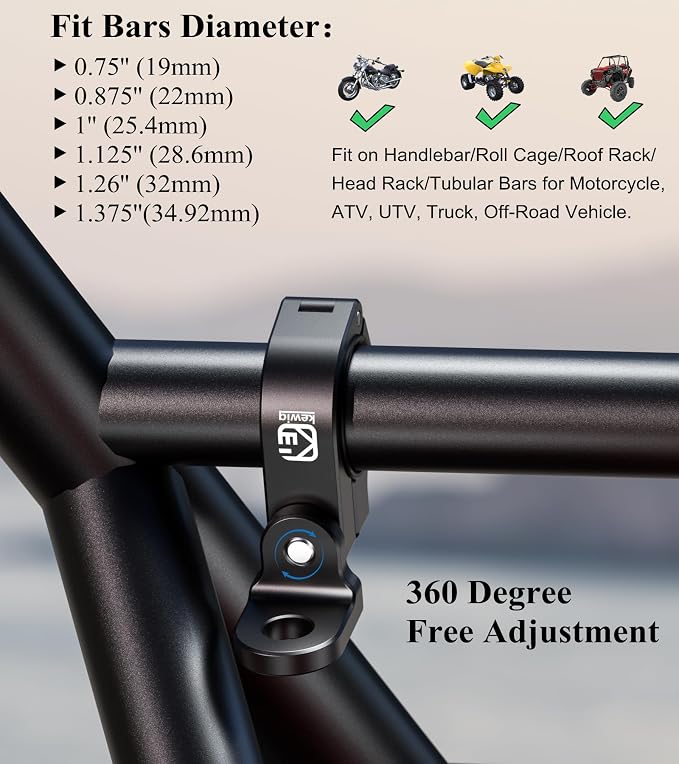 BRCOVAN 1PC UTV Whip Light Mounts, Off-Road LED Light Bar Mounting Bracket | Fit for Round Rails / Handlebars 0.875''/1"/1.125''/1.26"/1.375'' in Diameter, for ATV UTV Car Motorcycle Truck