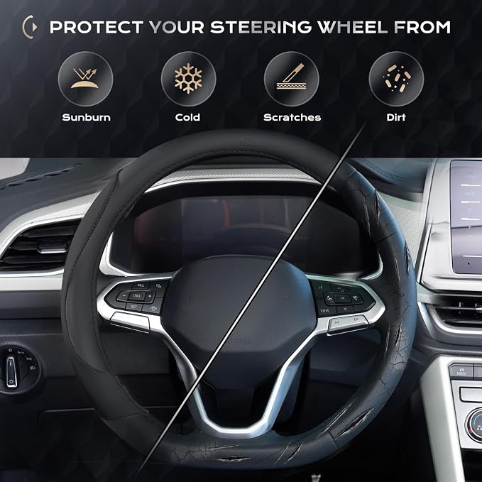 Coverado Car Steering Wheel Cover, Nappa Leather Black Steering Wheel Covers for Women, Universal 14-15 inch, Anti-Slip, Breathable Steering Wheel Protector