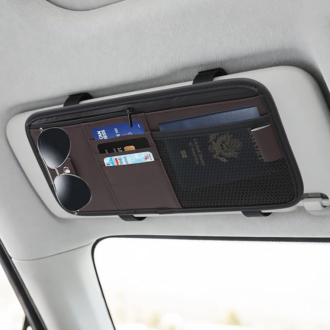 Car Visor Organizer,Premium Leather with a Hidden Zip Pocket, Sunglasses Organizer,3 Card Slots and a Stretch Mesh Pocket,Easy Installation,Compatible with Car Accessories for Vehicle, SUV, Truck