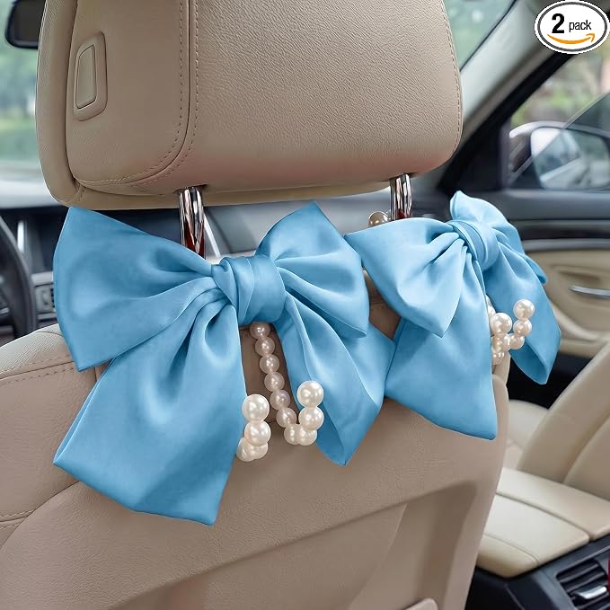 2PCS Satin Bow Pearl Car Seat Headrest Hooks – Car Bag Holder & Vehicle Hanger for Purses – Cute Coquette Aesthetic Interior Decoration – Cute Auto Organizer Accessories Universal (Sky Blue)