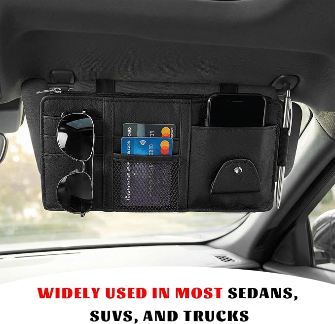 Car Sun Visor Organizer, Multifunctional Auto Visor Storage Bag with Net Pocket & Eyeglass Clamp, Waterproof Multi-Pocket Storage Pouch Ticket Organizer for Car Sun Visors (Black)
