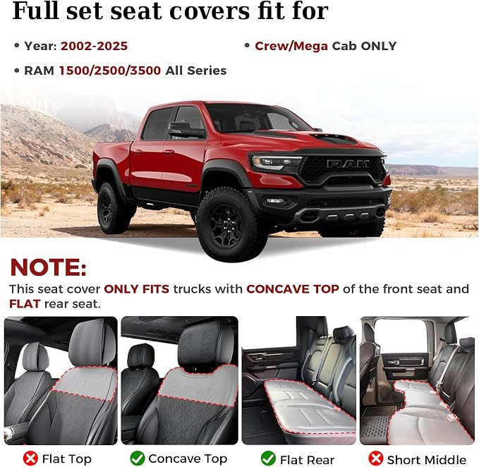Truckiipa Seat Covers for Dodge Ram 1500 Full Set, Full Coverage Waterproof Leather Protectors Pickup Truck Accessories, Custom Fit for 2002-2026 Ram 1500 2500 3500 Crew Mega Cab, Brown