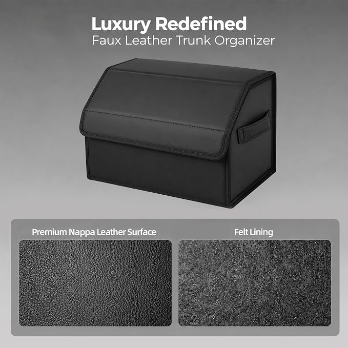 Car Trunk Organizer, Foldable Cargo Storage Box with Hook-and-Loop Lid, Suede & Faux Leather Trunk Organizer for SUV Sedan Truck, Adjustable Divider, Handles, Black, 19.7inches